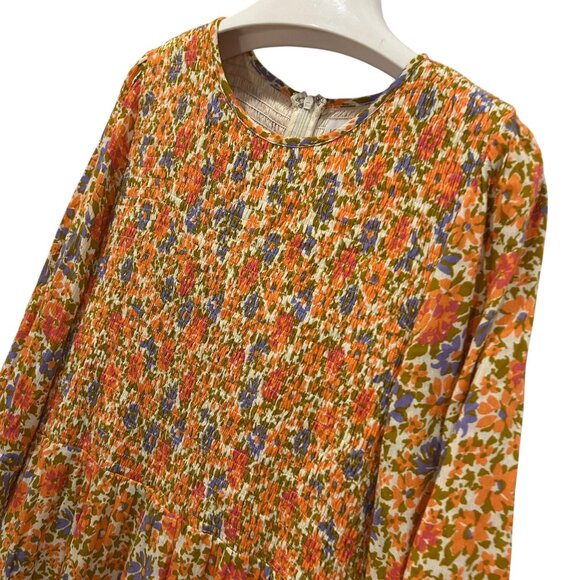 Lost + Wander oragne floral FALL smocking maxi prairie dress M - Picture 4 of 5
